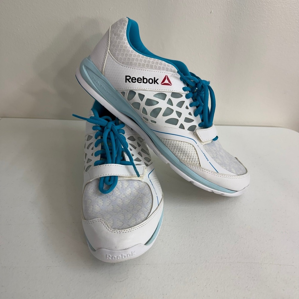 Reebok Women's White Blue Athletic Running Shoes lace up dual compound sneakers